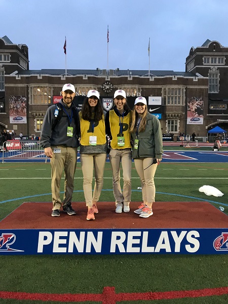 DPT Class of 2020 students Ryan Justice, Sam Vaughan, Maggie Dumm, and Elise Steinmetz at the 2018 Penn Relays